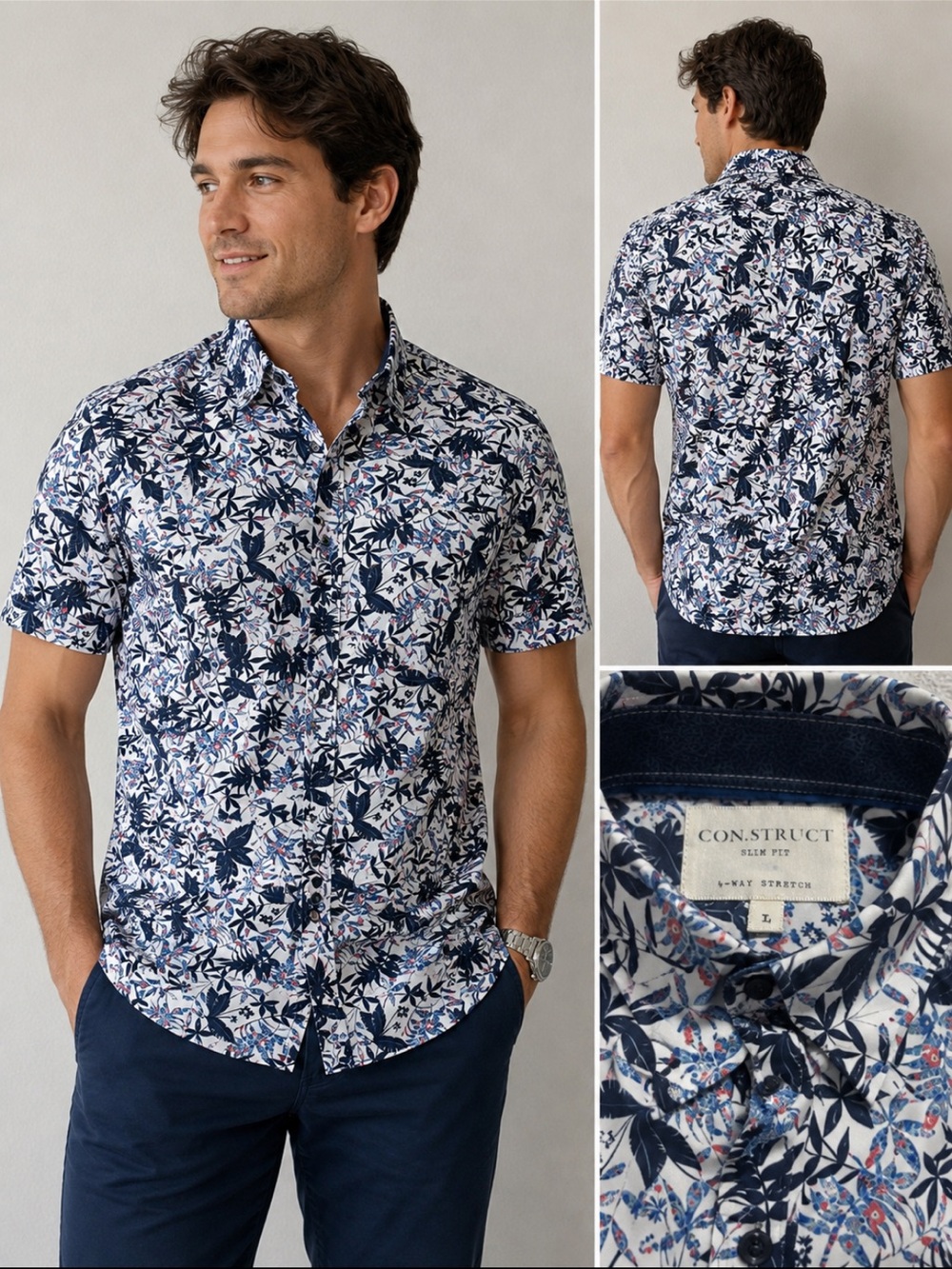 CON.STRUCT Slim Fit Floral Button Up Shirt Men’s Large Stretch Short Sleeve